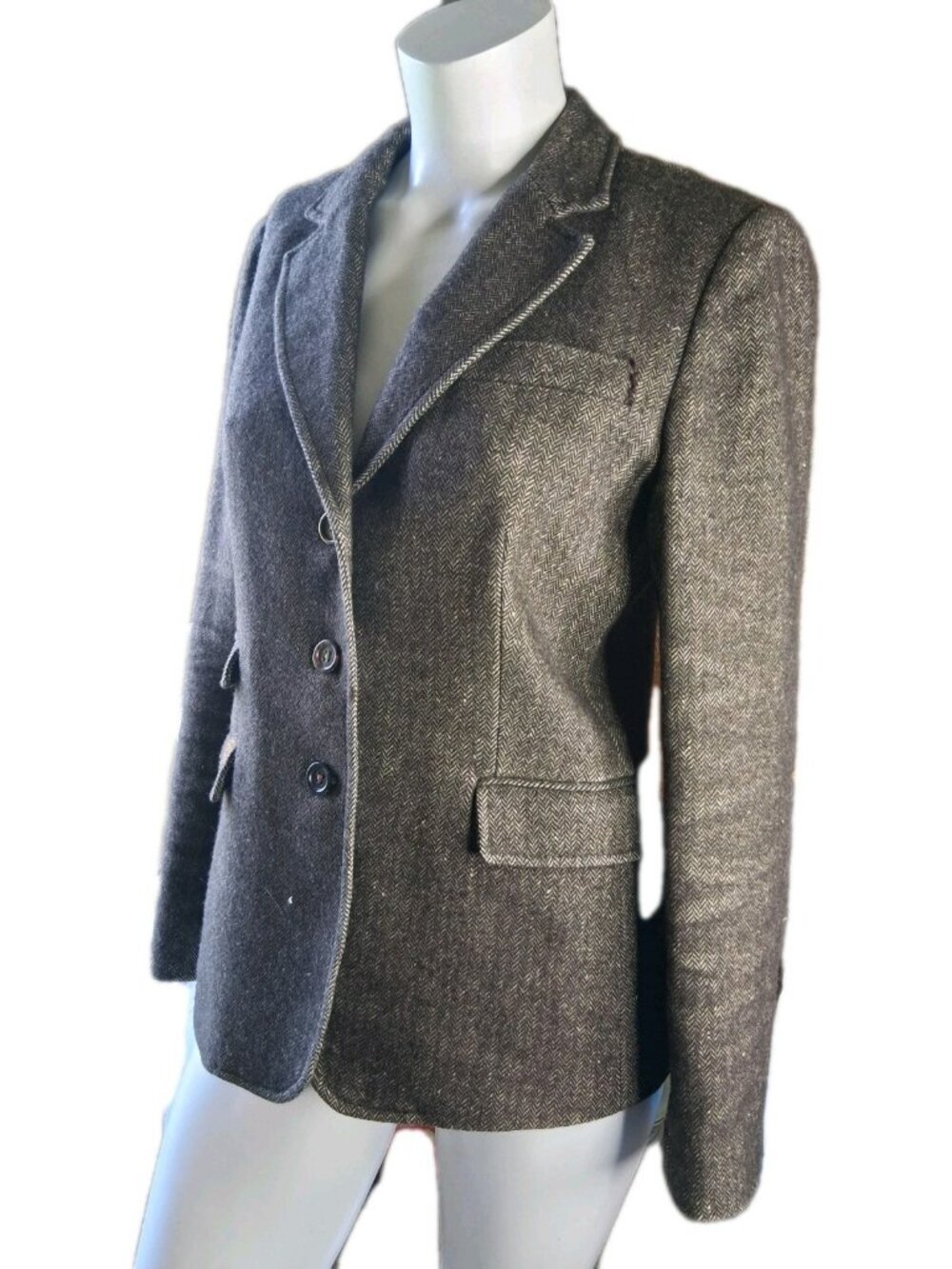 Banana Republic Travel Safari Blazer Herringbone Elbow Patch Wool Linen Brown 8